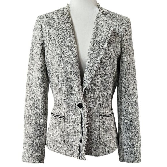 Banana Republic Cream Black Textured Piped Blazer Motorcross Khaki Fringe Trim - Picture 1 of 14